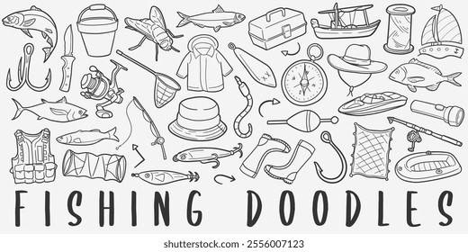 Fishing doodle icon set. Fisher Vector illustration collection. Banner Hand drawn Line art style.