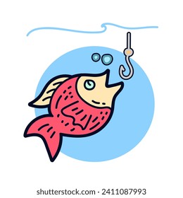 Ilustración del doodle de pesca. Icono plano de línea de pesca.