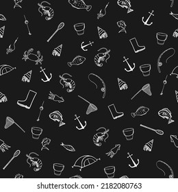 Fishing doodle seamless pattern which depicts an anchor, fish, crab, squid, hook, worm, landing net, paddle on a black background.