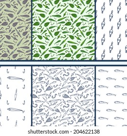 Fishing doodle - set of vector hand drawn seamless patterns 