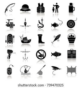 Fishing drop shadow black glyph icons set. Angling equipment. Fish, bait, hook, tackle, boat, rod, fisherman, thermos, echo sounder, uniform. Isolated vector illustrations