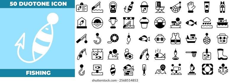 Fishing Duotone Editable Icons set. Vector illustration in modern thin duotone style of fishing icons: fish, fishing, fisher, etc