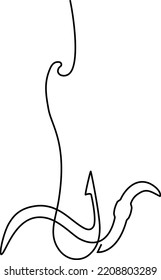 Fishing. Earthworm on a hook. Catch. Continuous line drawing. Vector illustration.