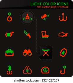Fishing easy color vector icons on dark background for user interface design