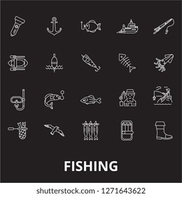 Fishing editable line icons vector set on black background. Fishing white outline illustrations, signs, symbols