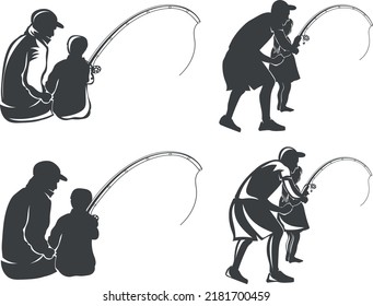 Ilustraciones de elementos de pesca, anzuelo de pesca, silueta de pescador