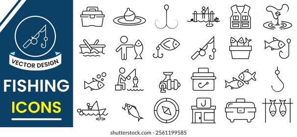 Fishing element line icon, fishing rod, fish, fishing float,  hook, boat, wheel icon, silhouette design for web design. Vector illustration.