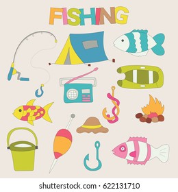 Fishing elements stickers set. Hand drawn colorful doodle elements vector illustration.
