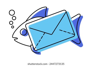 Pesca con correo electrónico. Fraude de pesca con icono de sobre de correo. Robo de Cuenta y Contraseña de seguridad. Concepto de estafa en diseño plano. Ilustración vectorial. Ciberprotección de datos.