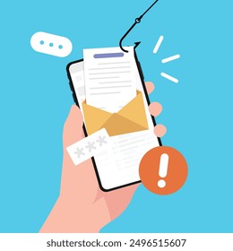Fishing email on smartphone, Hacking password data, Digital cyber crime, Fishing hook to document on mobile phone screen.
