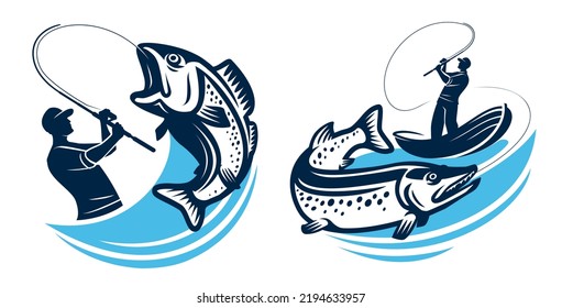 Fishing emblem or badge. Fisherman catches big fish on spinning rod. Angling logo isolated. Vector illustration