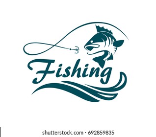 fishing emblem with bass, waves and hook