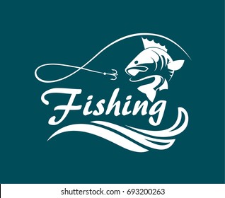 fishing emblem with bass, waves and hook