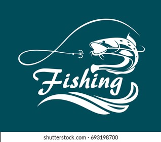fishing emblem with catfish, waves and hook