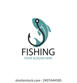 fishing emblem with fish and hook isolated on white background
