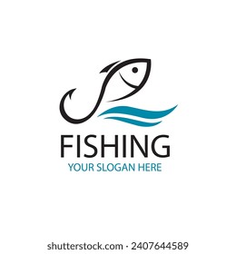fishing emblem with fish and hook isolated on white background