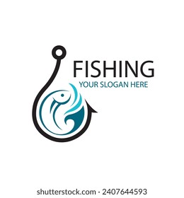 fishing emblem with fish and hook isolated on white background