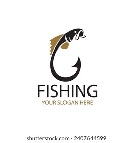 fishing emblem with fish and hook isolated on white background