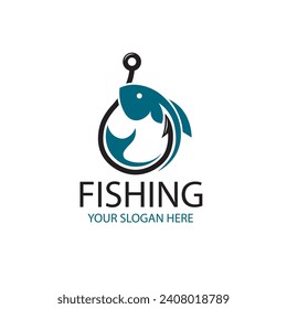 fishing emblem with fish and hook isolated on white background