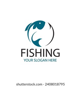 emblema de pesca con pescado y gancho aislados en fondo blanco