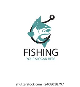 fishing emblem with fish and hook isolated on white background