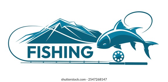 Fishing Emblem. Fish and fishing rod on a mountain background vector illustration