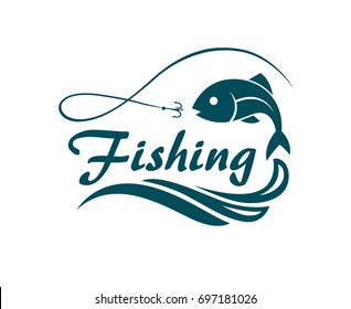 fishing emblem with fish, waves and hook