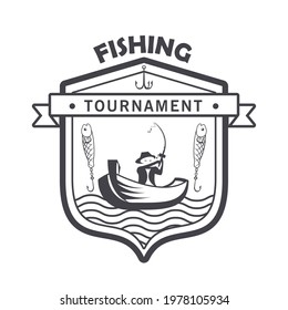 fishing emblem with fisher and hooks