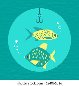 Fishing emblem. Freehand drawn fancy icon in cartoon style. Colorful animal logo template. Fish and fishhook sign. Element for project banner background. Vector design of abstract label symbol
