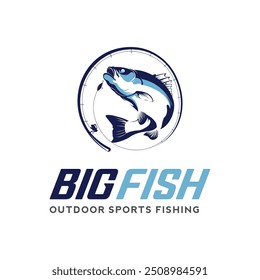 Fishing Emblem Logo design. Fish Jump logo illustration vector