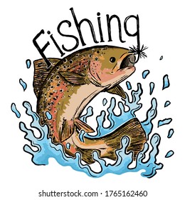 Fishing emblem, logo, print, lettering. Hand drawn vector illustration. Rainbow trout jumps out of the water. Colored picture isolated on white. Retro engraving for design, typography, card, t-shirt.