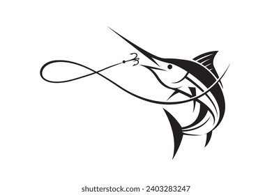 emblema de pesca con marlín y gancho aislados sobre fondo blanco