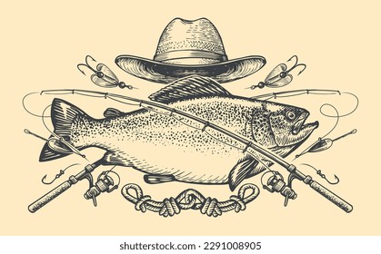 Fishing emblem. Outdoor sports lifestyle concept. Fish catch, sketch vintage vector illustration