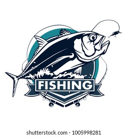 Fishing emblem of  permit isolated on white. Bone fish logo in blue colours. Ocean theme background.