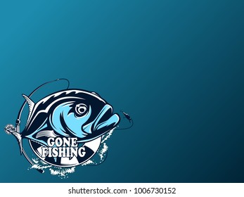 Fishing emblem of  permit isolated on white. Bone fish logo in blue colours. Ocean theme background.