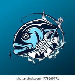 Fishing emblem of  permit isolated on white. Bone fish logo in blue colours. Ocean theme background.
