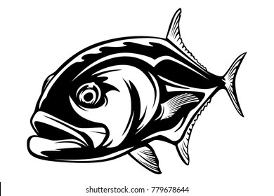 Fishing emblem of  permit isolated on white. Bone fish logo in blue colours. Ocean theme background.