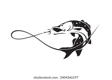 fishing emblem with pike and hook isolated on white background