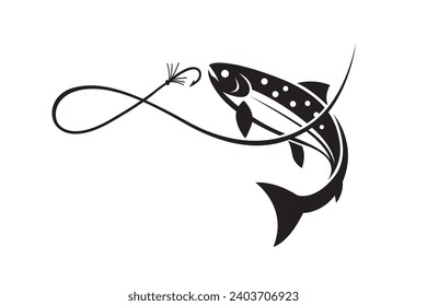 fishing emblem with salmon and hook isolated on white background