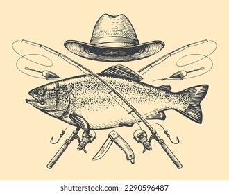 Fishing emblem in vintage engraving style. Fish and rod symbol. Sports recreation, sketch vector illustration