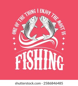 Fishing, I enjoy most, Vector lettering with fish, water wave illustrations
