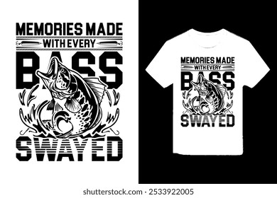 Fishing Enthusiast T-Shirt Design. Dieses Design verfügt über einen Forellenbarsch springen aus dem Wasser, mit dem inspirierenden Zitat "Erinnerungen mit jedem Bass Swayed gemacht." 