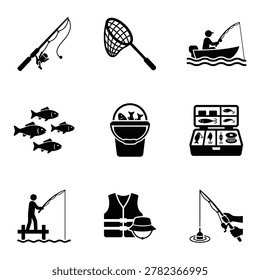Fishing Equipment and Activity Icon Set