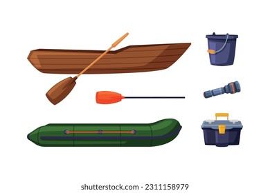 Fishing Equipment and Angling Item with Boat, Bucket, Container and Flashlight Vector Set