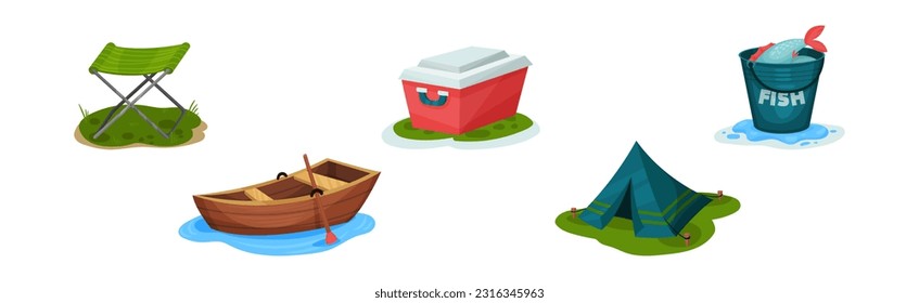 Fishing Equipment and Angling Item with Chair, Fridge Box, Bucket, Boat and Tent Vector Set