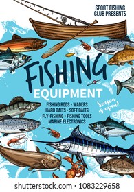 Fishing equipment banner with fish and fishing boat. Fishing rod, hook and bait, reel, tackle and lure sketch poster with salmon fish, tuna and marlin, carp, and crab for fisherman sport club design