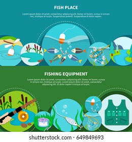 Fishing equipment banners set with doodle style circle images of fish net ledger hook and text vector illustration