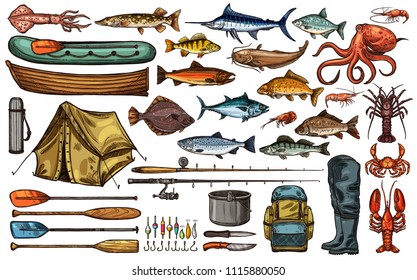 Fishing equipment, fish and fisherman tackle sketch set. Fishing rod, hook and bait, sea and river fish, boat, reel and lure, seafood, tent and boot isolated icon for fishing sport themes design