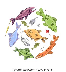 Fishing equipment and fish, hand drawn lettering, carp, roach, perch, salmon, sturgeon, tuna, ruffe, sheatfish, pike, bream logo. Vector illustration