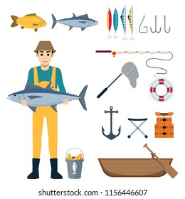 Fishing Equipment with Fisherman Character Holding a Big Fish